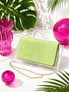 Genuine Stingray Foldover Clutch – Lime Green Exotic Evening Bag w Gold Chain